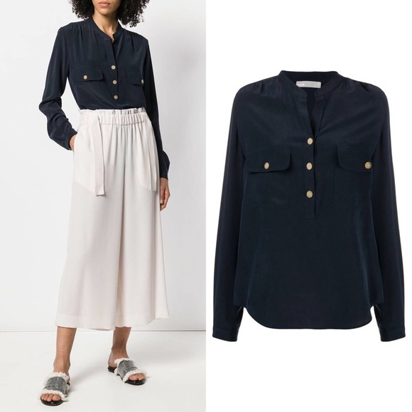 VINCE Double Pocket Button Utility Silk Blouse Top - Picture 1 of 7
